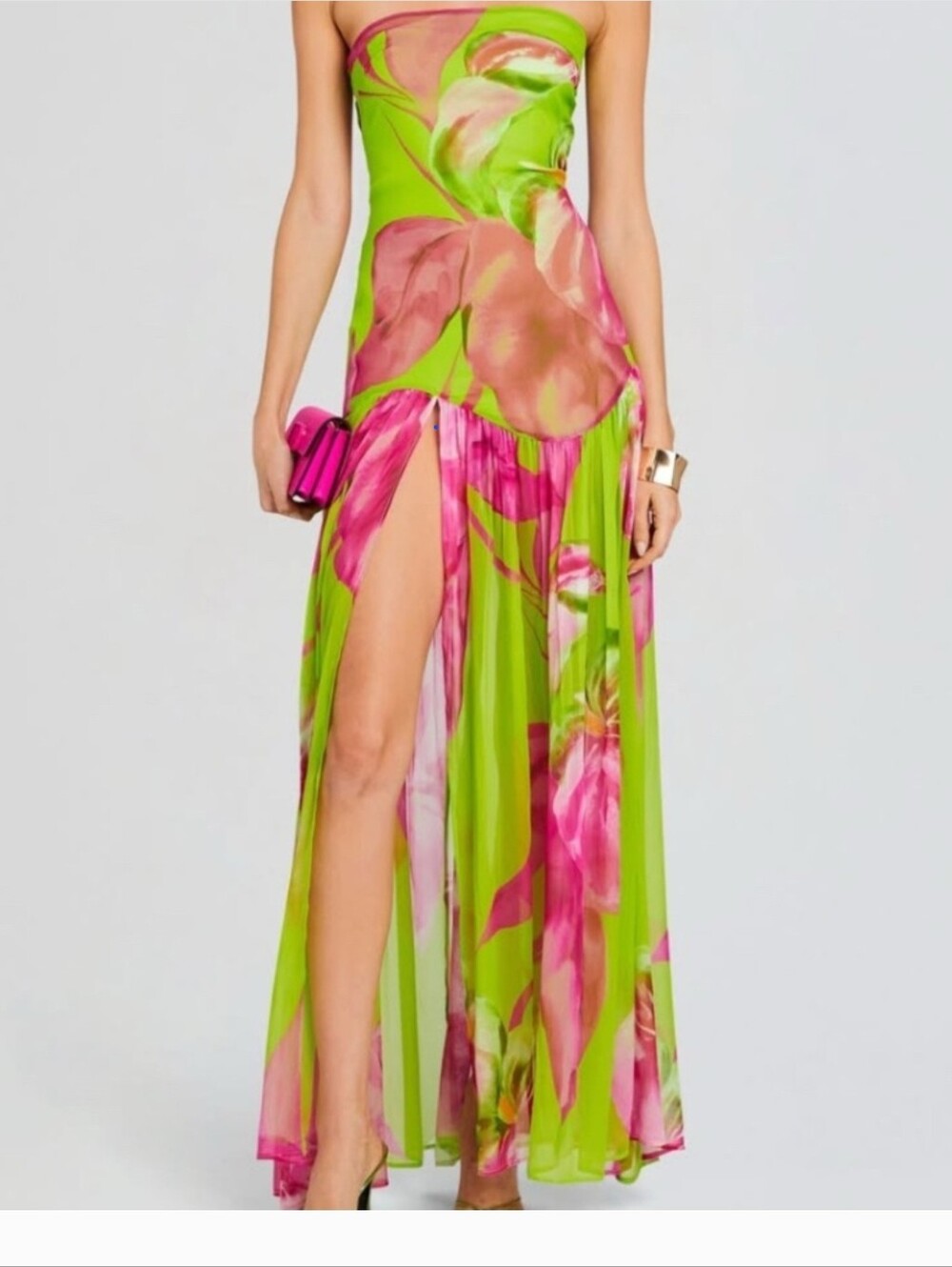 Retrofête Sheer Floral Maxi Dress | Size M | Lime & Pink Statement Dress